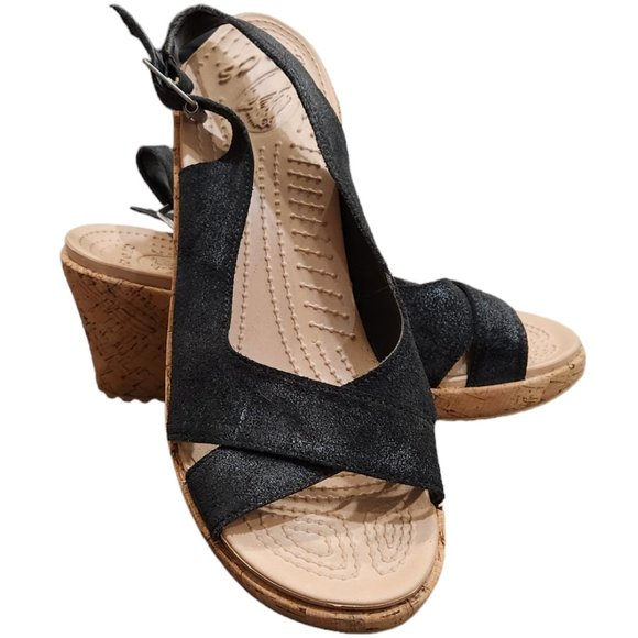 Crocs A-Leigh Black Leather Slingback Strap Wedge Cork Heels Casual Sandals 9W - Picture 1 of 9